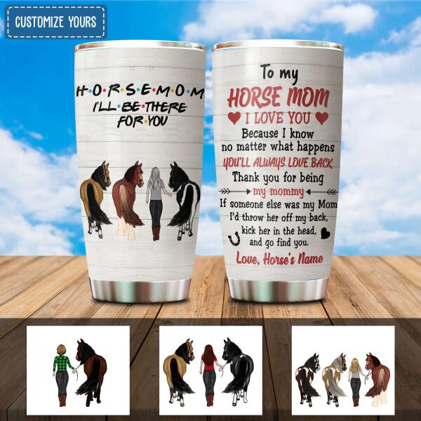 Customized horse mom stainless steel tumbler with I Love You design for horse lovers and equestrians.