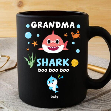 Grandma Shark Doo Doo personalized ceramic mug with customizable names for grandma and family lovers