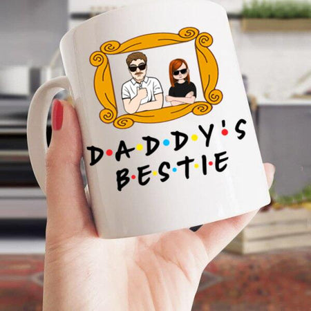 Daddy's Bestie personalized white ceramic coffee mug for family lovers, available in 11oz and 15oz sizes.