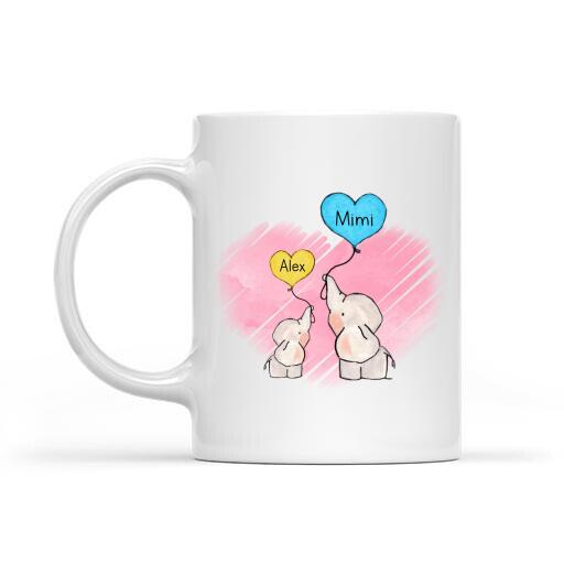 Personalized white ceramic mug featuring a beloved elephant design for family and wildlife lovers.