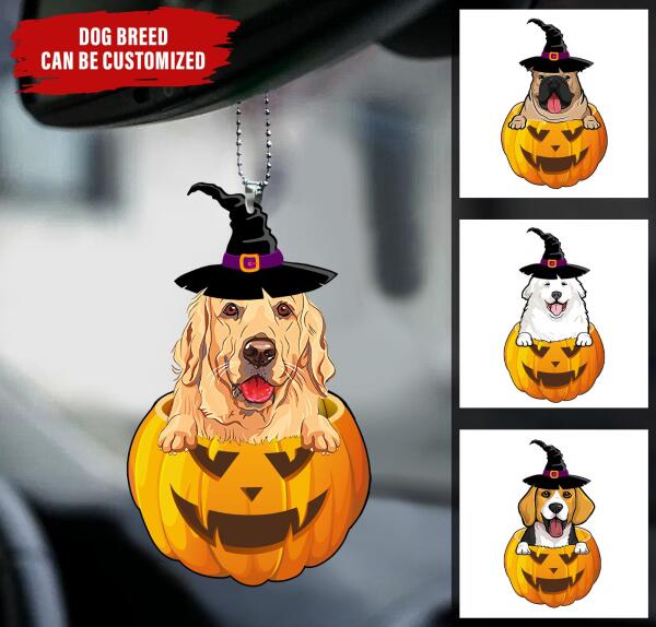 Customized Halloween dog witch and pumpkin car ornament hanging from a rear view mirror