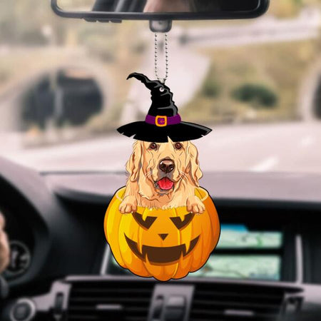 Customized Halloween dog witch and pumpkin car ornament hanging from a rear view mirror
