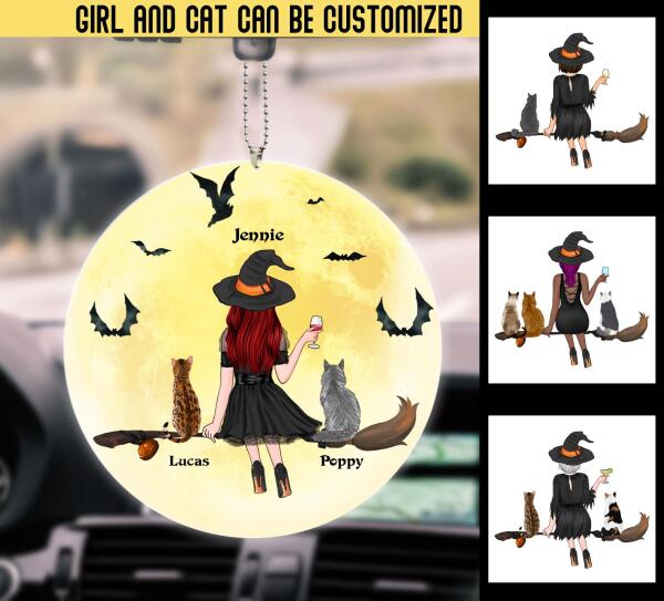 Customized witch cat and drink car hanging ornament printed with vibrant Halloween theme for cat lovers.