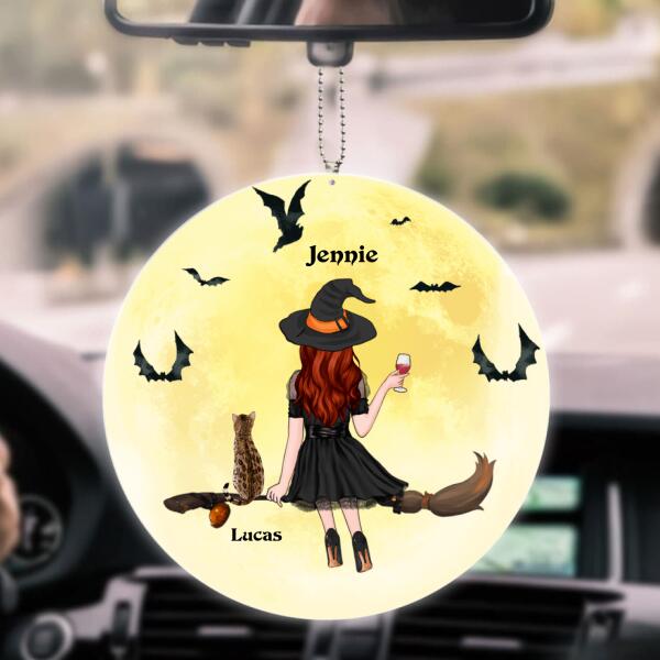 Customized witch cat and drink car hanging ornament printed with vibrant Halloween theme for cat lovers.