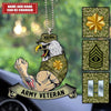 Customized Army veteran car ornament hanging on a rearview mirror for military veteran lovers.