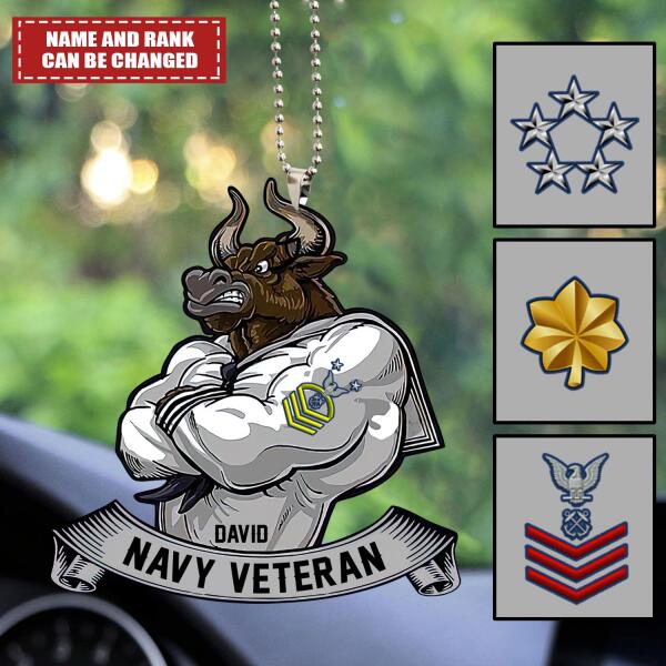 Navy veteran customized car ornament hanging from a rearview mirror with patriotic military design.