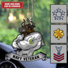 Navy veteran customized car ornament hanging from a rearview mirror with patriotic military design.
