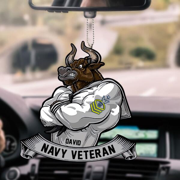 Navy veteran customized car ornament hanging from a rearview mirror with patriotic military design.
