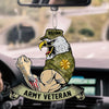 Customized Army veteran car ornament hanging on a rearview mirror for military veteran lovers.