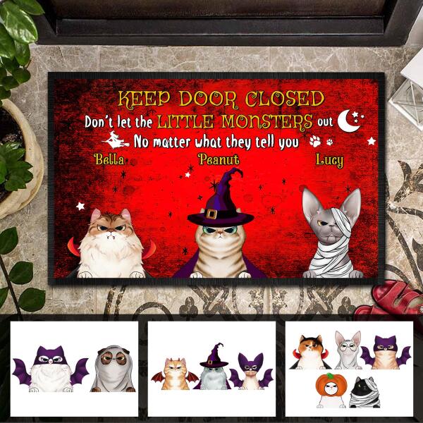 Customized cat lovers Halloween doormat with a playful Keep Door Close design