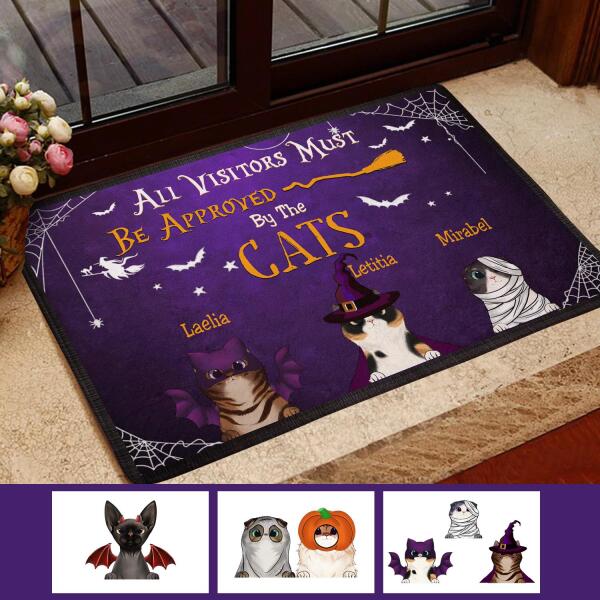 Custom cat lovers doormat with Halloween theme and All Visitors Must Be Approved By The Cats text