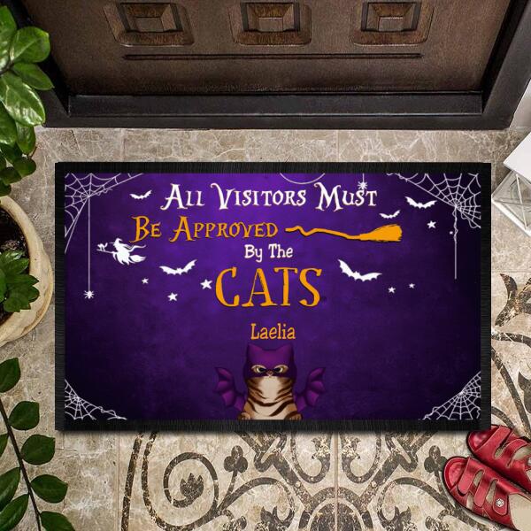 Custom cat lovers doormat with Halloween theme and All Visitors Must Be Approved By The Cats text