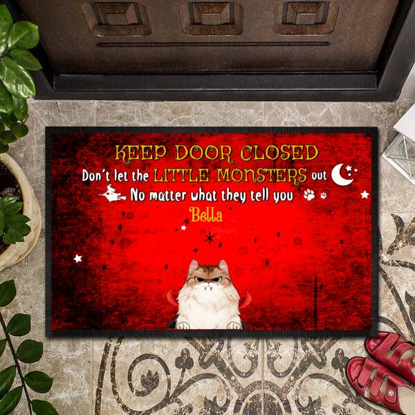 Customized cat lovers Halloween doormat with a playful Keep Door Close design