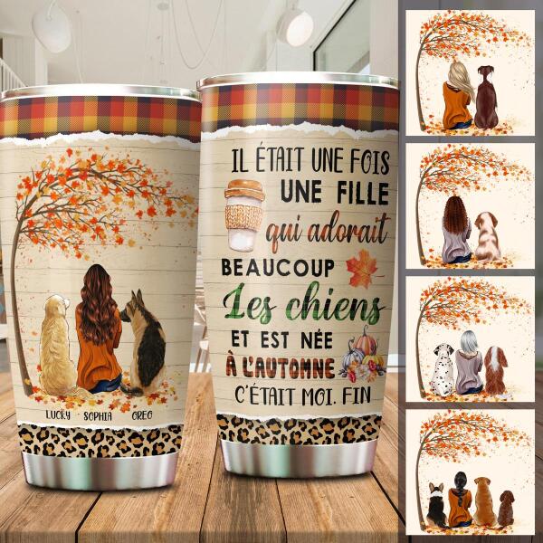 Customized stainless steel tumbler featuring Il Était Une Fois Une Fille autumn dog lover design