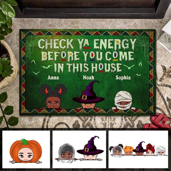 Personalized Halloween family doormat with Check Ya Energy Before You Come In This House message