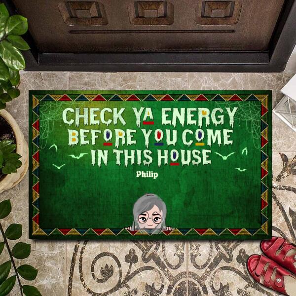 Personalized Halloween family doormat with Check Ya Energy Before You Come In This House message
