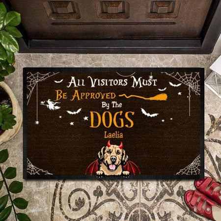 Customized dog lovers doormat with Halloween theme and text for indoor or outdoor entryway use