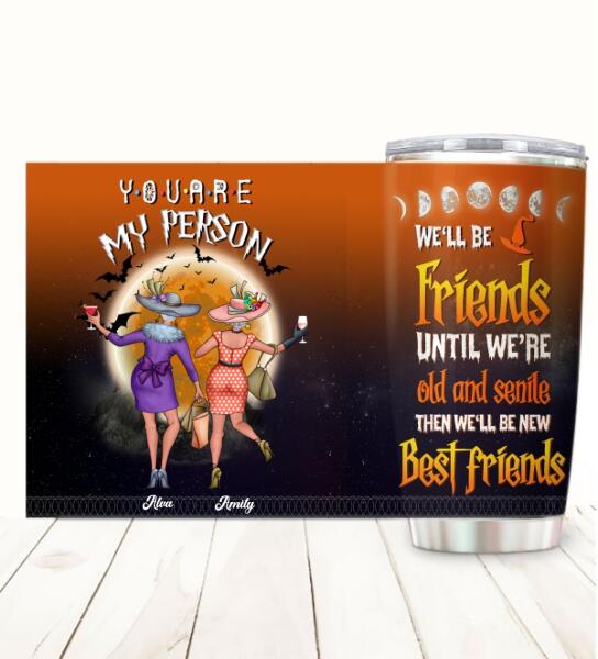 Custom stainless steel Halloween tumbler with funny Old and Senile friends quote and spooky graphic