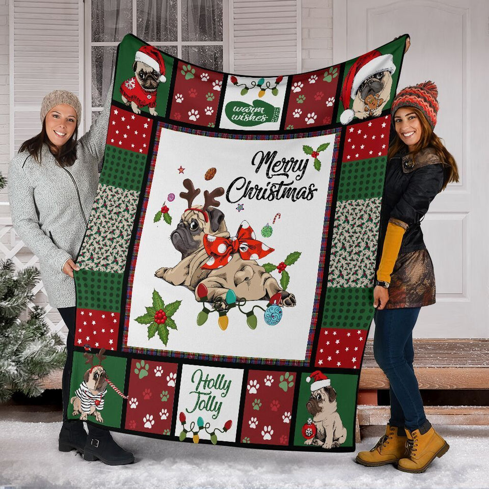  Merry Christmas Pug Christmas Xmas Ultra Soft Cozy Plush Fleece Blanket