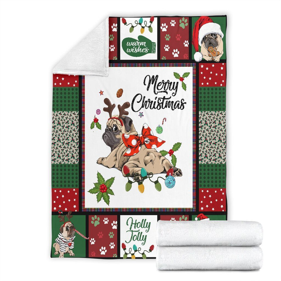  Merry Christmas Pug Christmas Xmas Ultra Soft Cozy Plush Fleece Blanket