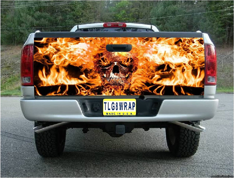 Flaming Skull Fire Vinyl Graphic Tailgate Wraps For Trucks Chevy Silverado Decals Cool Black Flag Decals For Vehicles
