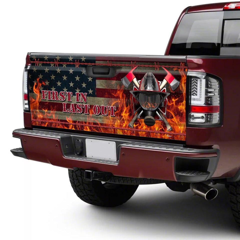Firefighter First In Last Otruck Tailgate Decal Sticker Wrap Tailgate Wrap Decals For Trucks
