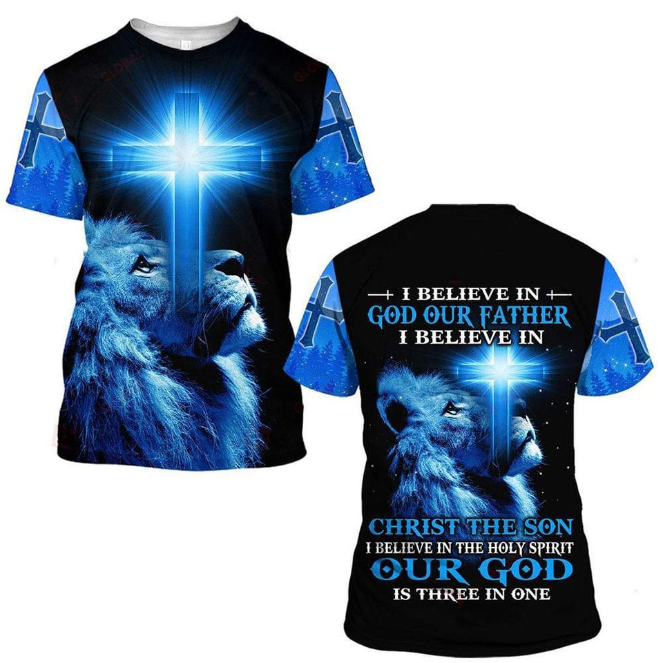 I BELIEVE IN GOD OUR FATHER I BELIEVE IN CHRIST THE SON I BELIEVE IN THE HOLY SPIRIT OUR GOD IS THREE IN ONE ALL OVER PRINTED SHIRTS QH060121