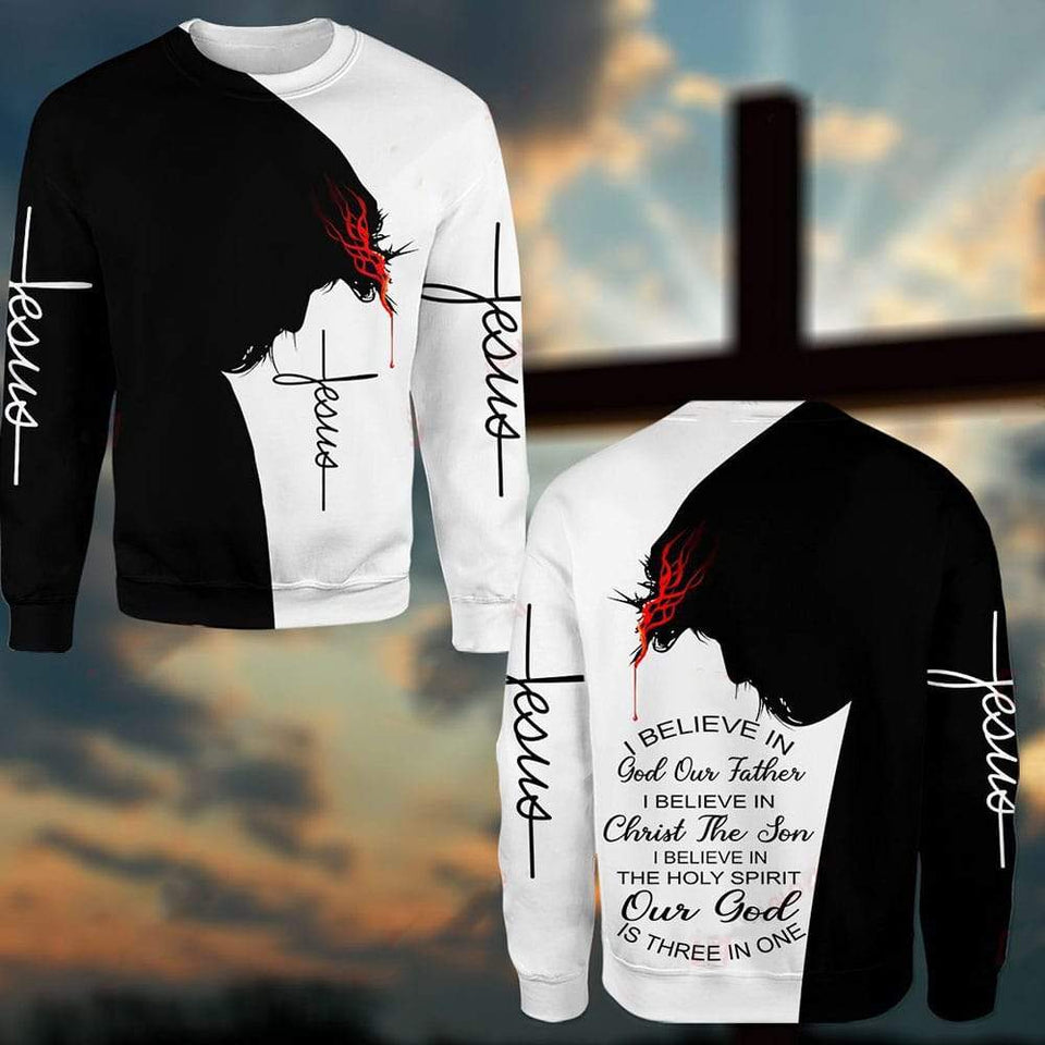 I BELIEVE IN GOD OUR FATHER I BELIEVE IN CHRIST THE SON I BELIEVE IN THE HOLY SPIRIT OUR GOD IS THREE IN ONE ALL OVER PRINTED SHIRTS QH060121