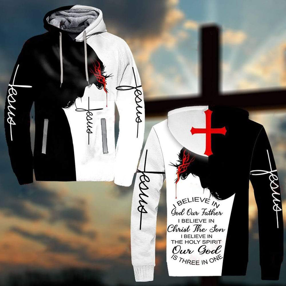 I BELIEVE IN GOD OUR FATHER I BELIEVE IN CHRIST THE SON I BELIEVE IN THE HOLY SPIRIT OUR GOD IS THREE IN ONE ALL OVER PRINTED SHIRTS QH060121