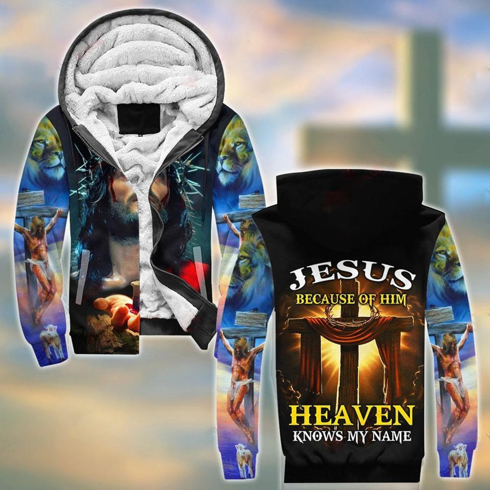 JESUS BECAUSE OF HIM HEAVEN KNOWS MY NAME ALL OVER PRINTED SHIRTS