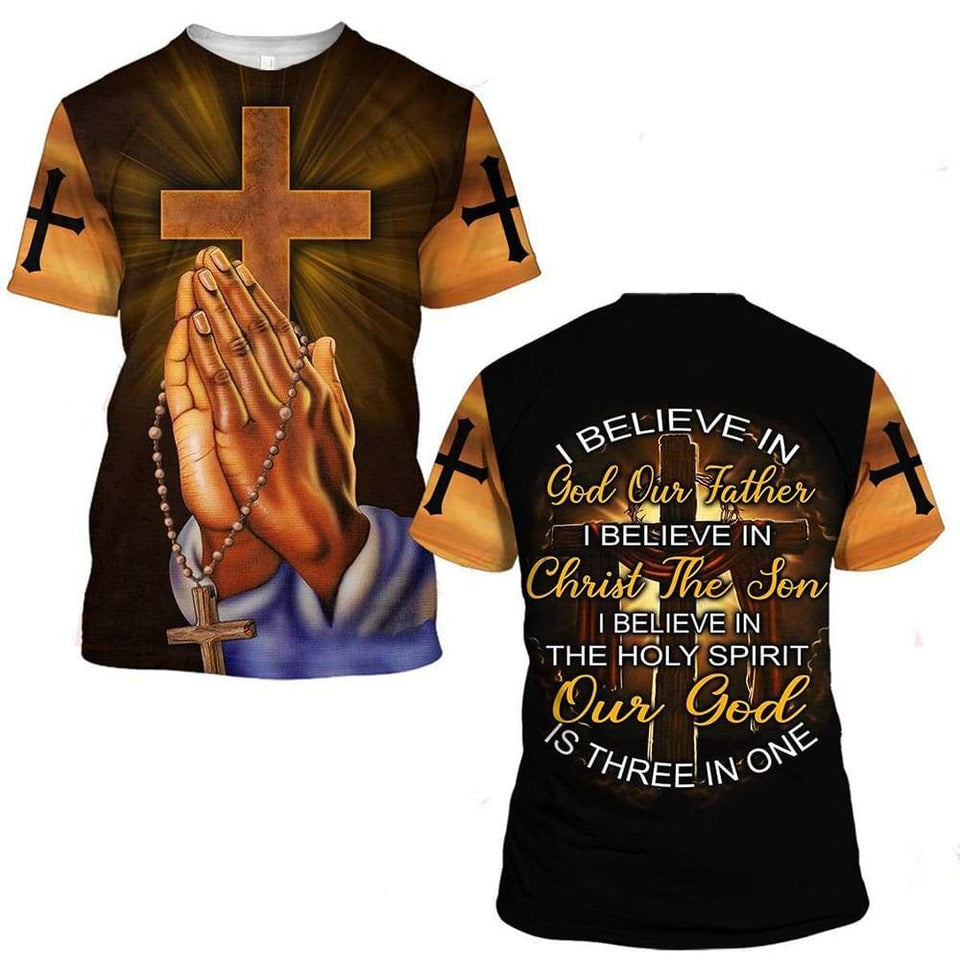 I BELIEVE IN GOD OUR FATHER I BELIEVE IN CHRIST THE SON I BELIEVE IN THE HOLY SPIRIT OUT GOD IS THREE IN ONE ALL OVER PRINTED SHIRTS 080121