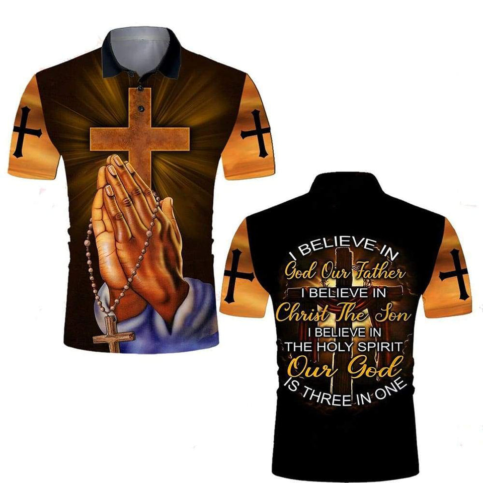 I BELIEVE IN GOD OUR FATHER I BELIEVE IN CHRIST THE SON I BELIEVE IN THE HOLY SPIRIT OUT GOD IS THREE IN ONE ALL OVER PRINTED SHIRTS 080121