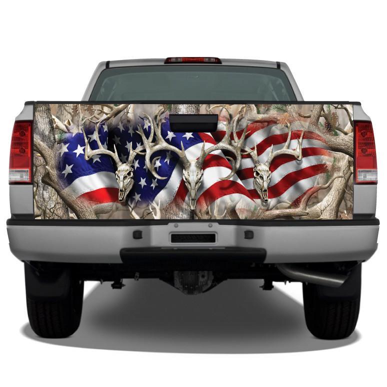 Buck Skull American Flag Camo Border "obliteration" Tailgate Wrap Sticker Tailgate Wrap Decals For Trucks
