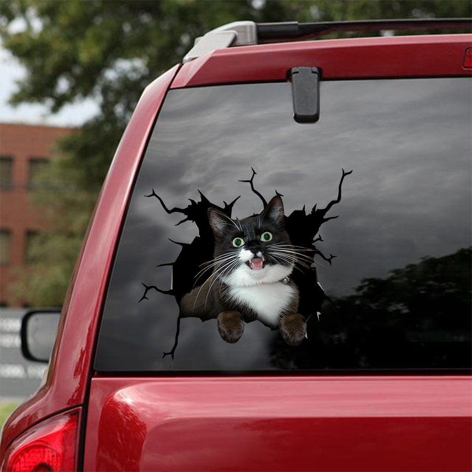 Tuxedo Cat Crack Decal Sticker Car Lovely Stickers Cutting Board - Cat Lovers die-cut waterproof vinyl sticker decal