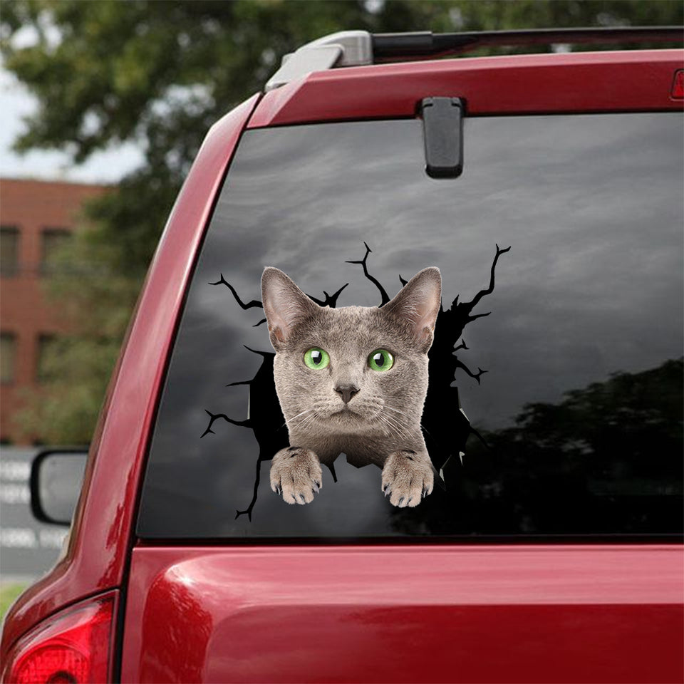 Russian Blue Cat Crack Sticker Cute Fun Vinyl Labels 2 Year Anniversary Gift - Cat Lovers die-cut waterproof vinyl sticker decal