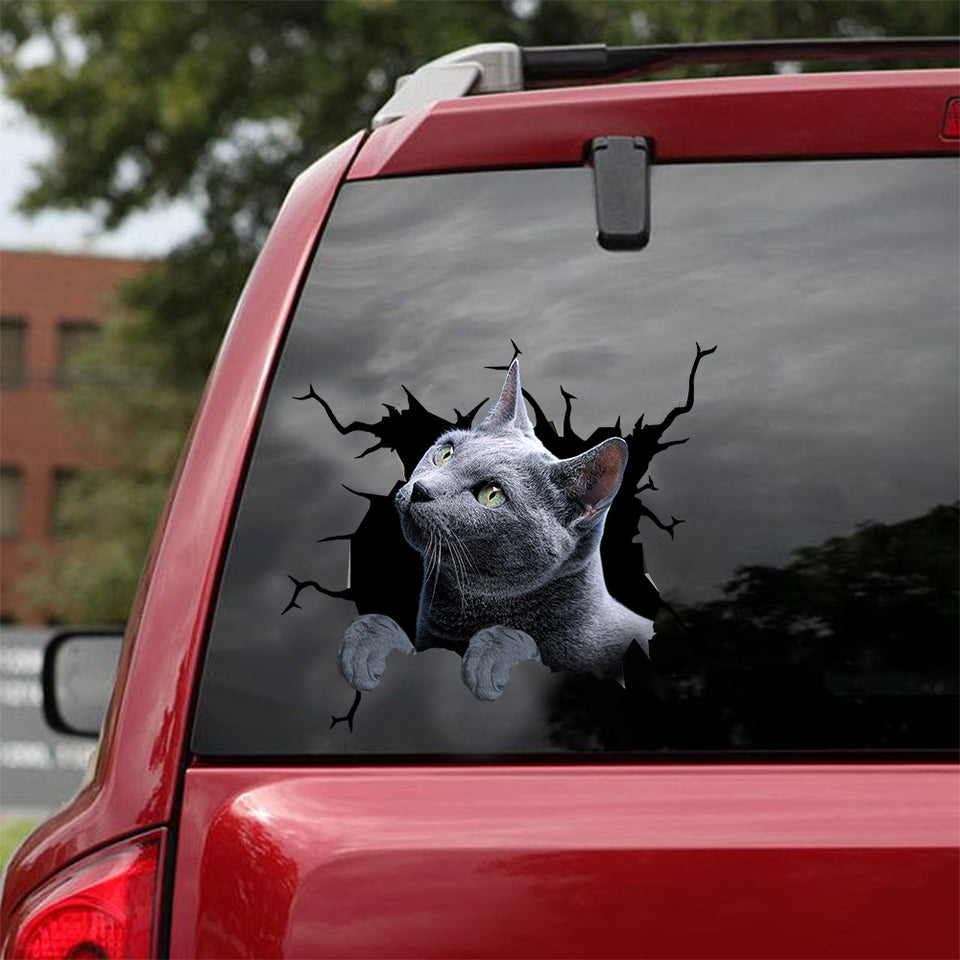 Russian Blue Cat Crack Sticker Kawaii Funny Birthday Memes Decal Stickers Push Gift - Cat Lovers die-cut waterproof vinyl sticker decal
