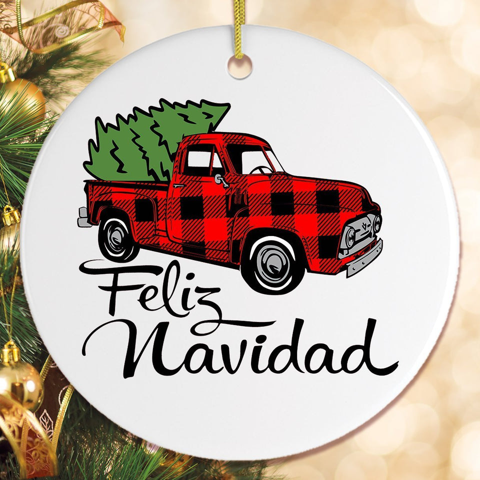 Feliz Navidad Plaid Red Truck Christmas Ornament