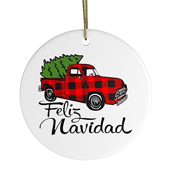Feliz Navidad Plaid Red Truck Christmas Ornament