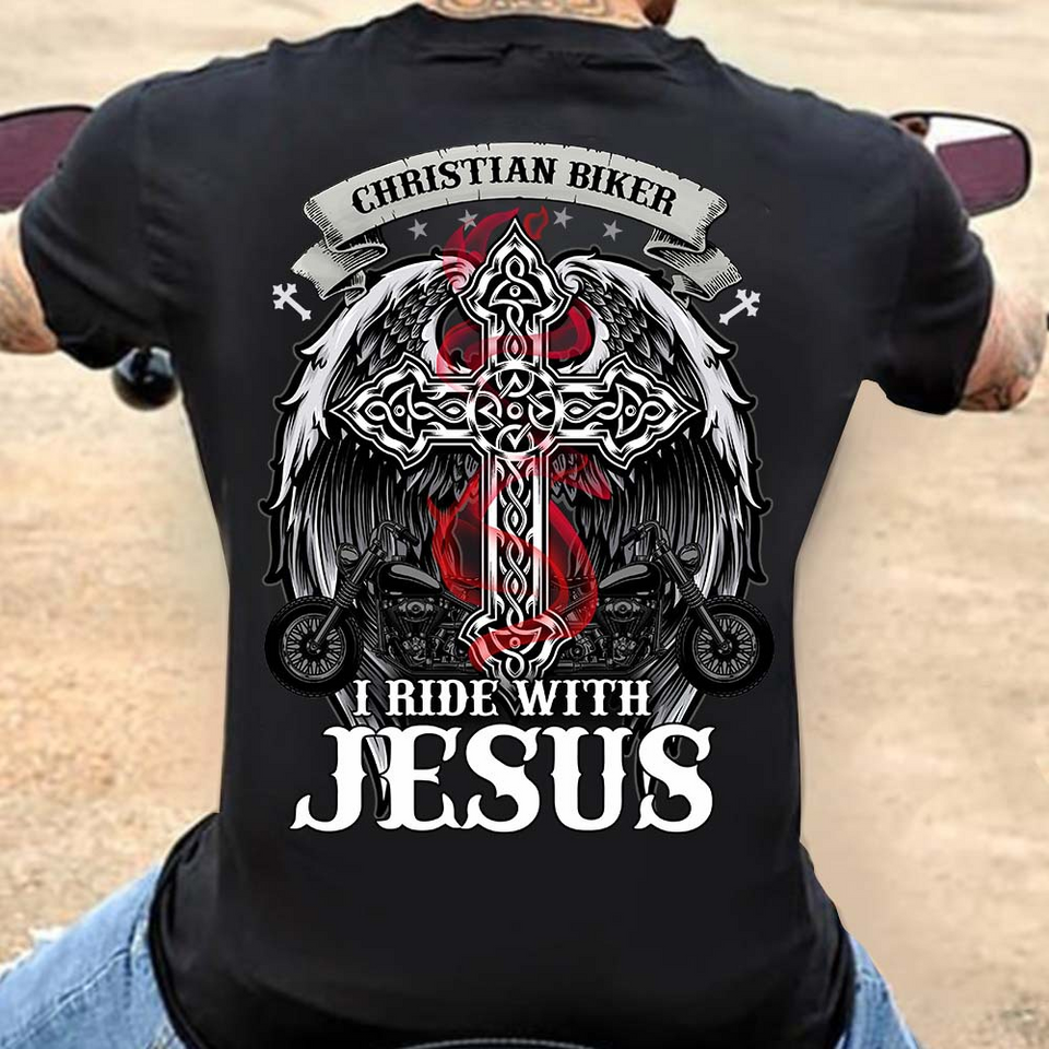 I Ride with Jesus faith shirt featuring a religious graphic on a soft casual t-shirt